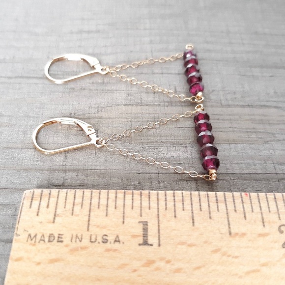 Garnet Earrings Lever Back 14k gold fill Dainty Dangle Handmade Natural Gemstone - Picture 4 of 4